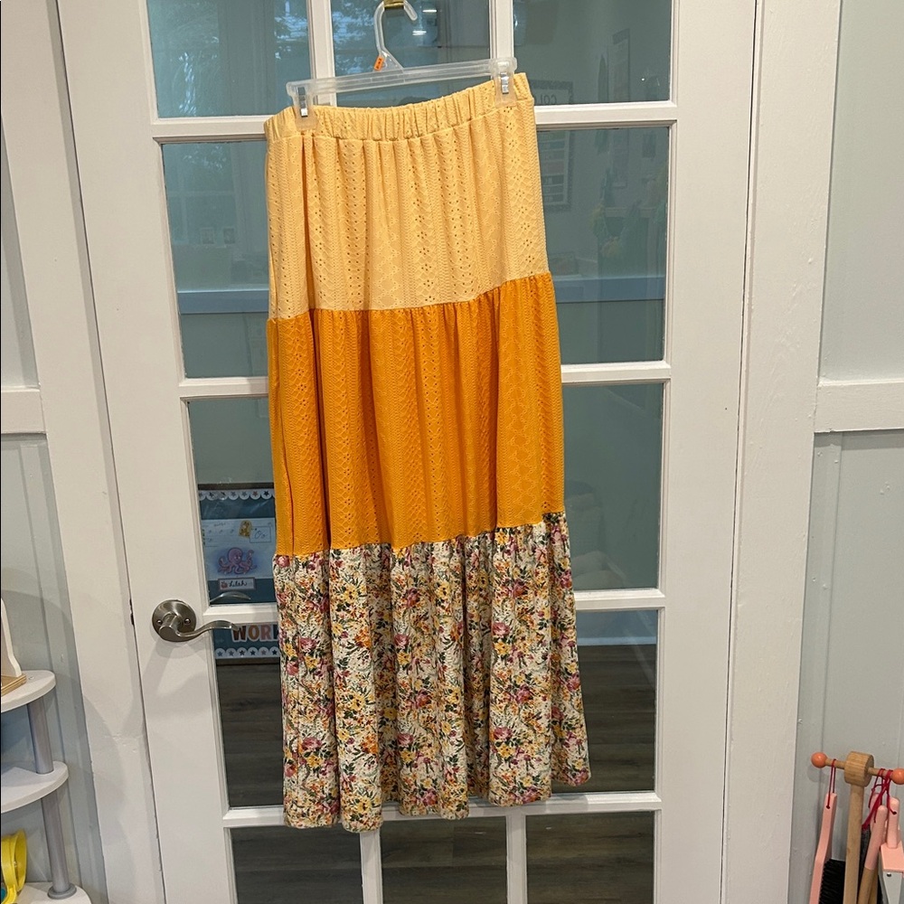 LuLaRoe Colorblock Floral Maxi Skirt - Yellow and Brown